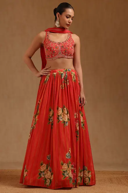 Orange Crepe Embroidered Lehenga With Cutdana